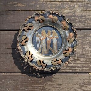 Vintage Egyptian Brass and Mixed Metals Wall Decor Plate of Three Musicians